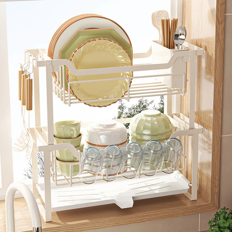Double layer Bowl and Plate Rack Combined Kitchen Storage Organizer - black Image 2