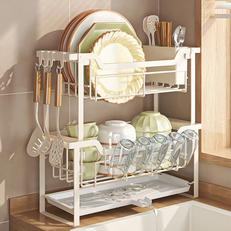 Double layer Bowl and Plate Rack Combined Kitchen Storage Organizer - WHITE Image 1